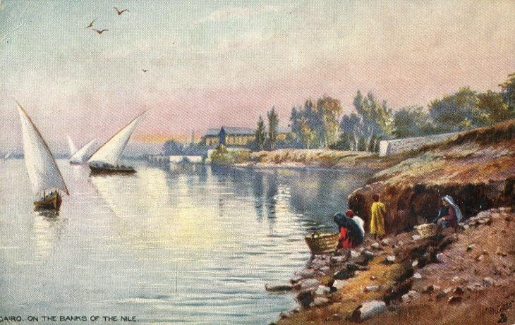 Káhira / Cairo (Egypt) - pláž, loď, plachetnice, řeka Nil 