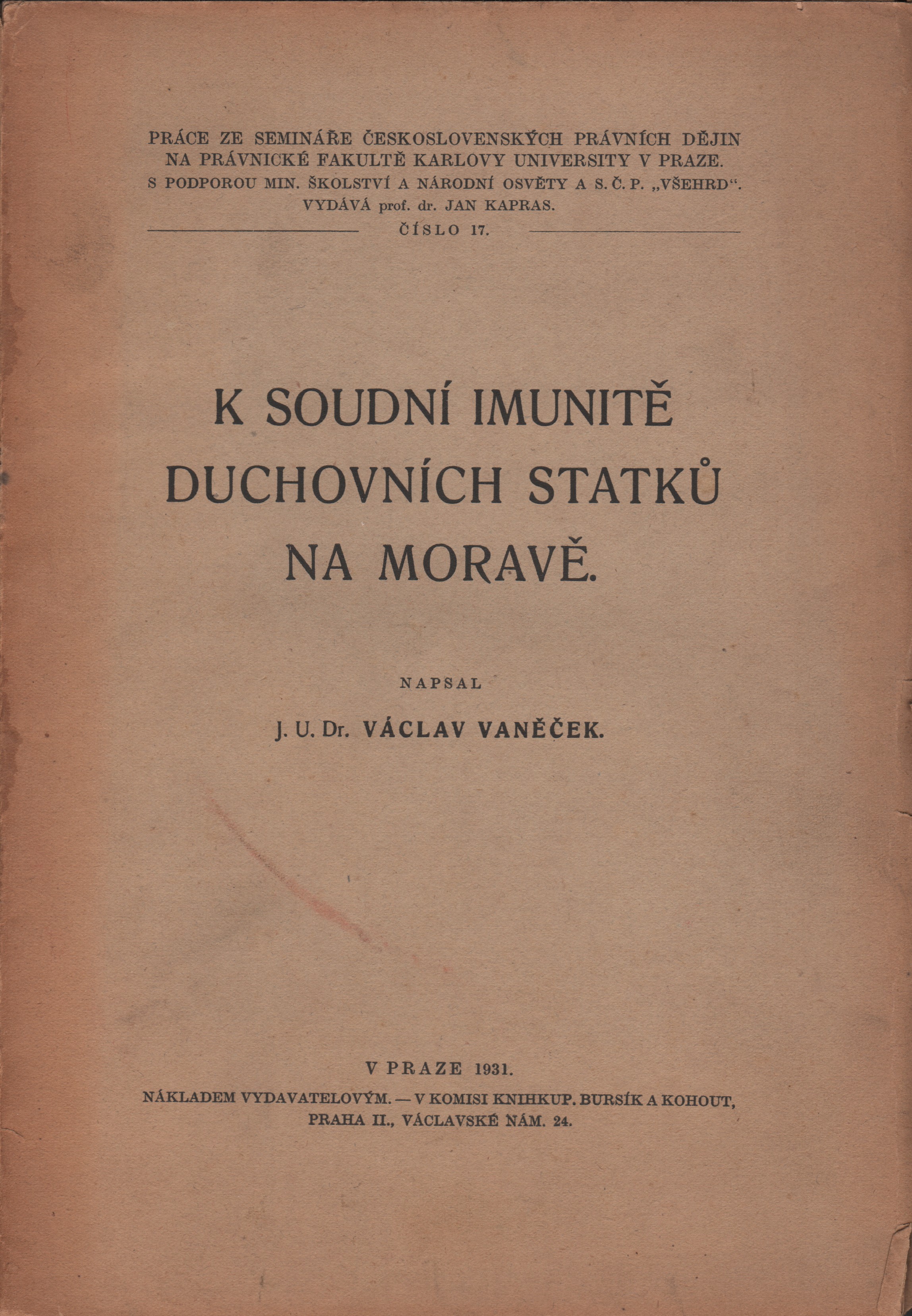 Vaněček, Václav - K soudní imunitě duchovních statků na Moravě