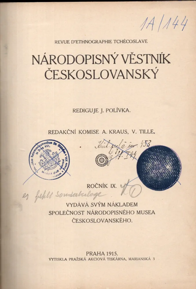 Národopisný věstník českoslovanský 1915 r. 9 - komplet