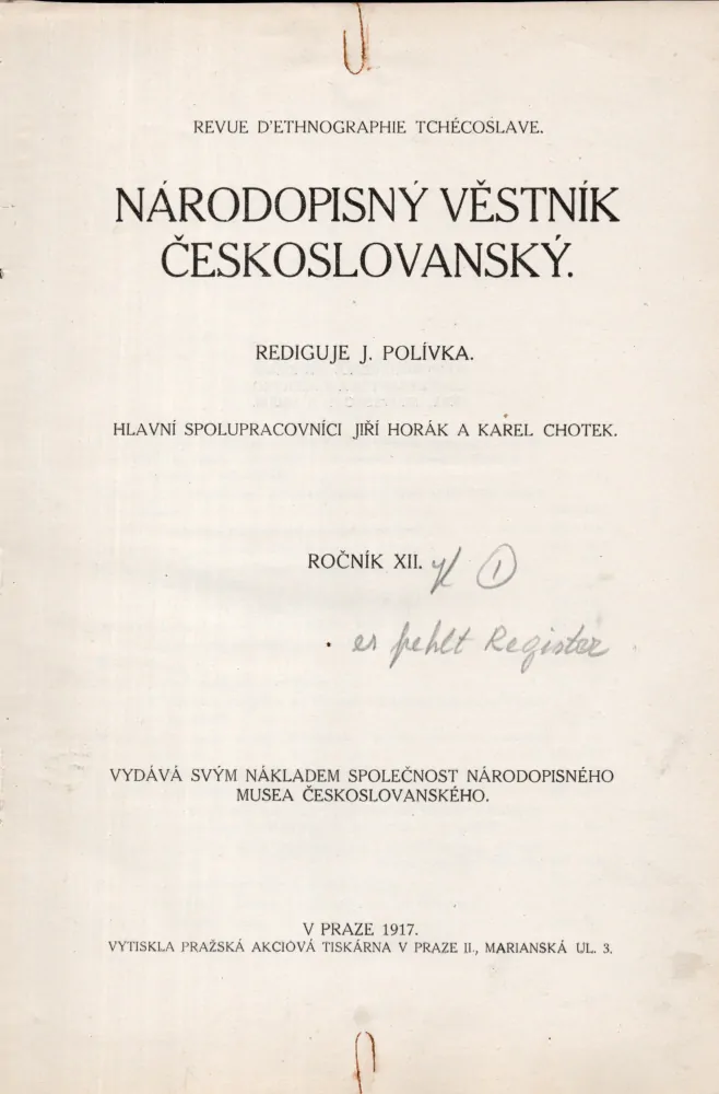 Národopisný věstník českoslovanský 1917 r. 12 - komplet
