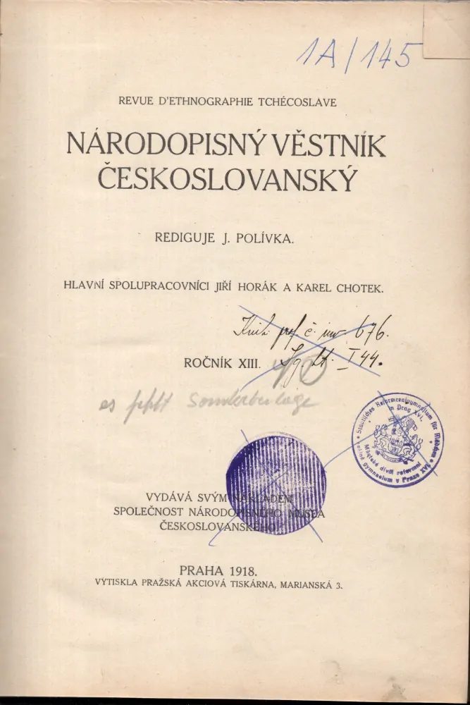 Národopisný věstník českoslovanský 1918 r. 13 - komplet