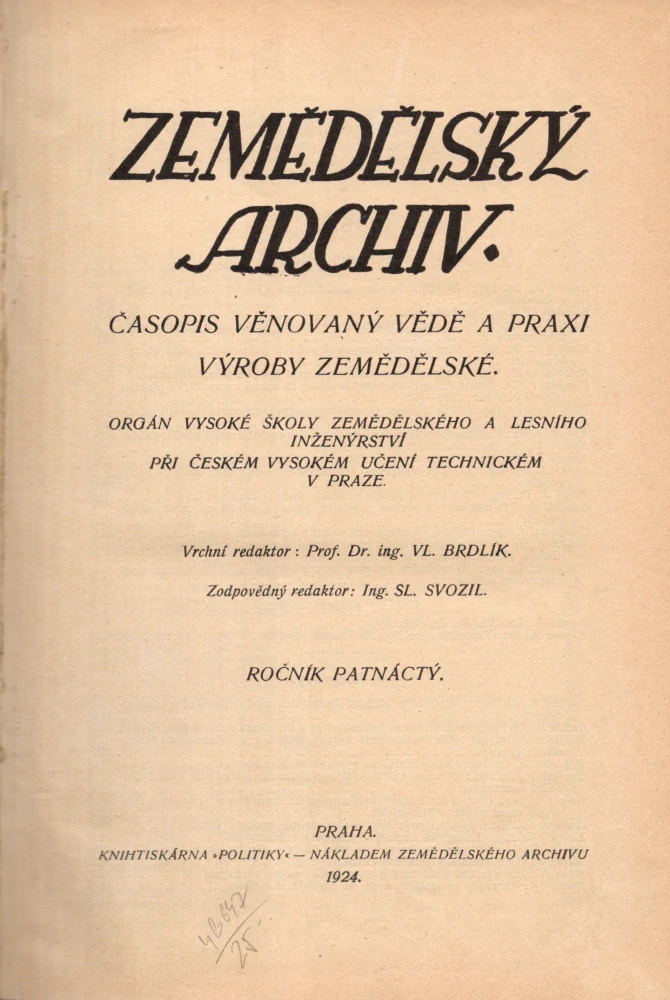 Zemědělský archiv 1924 r. 15 - komplet