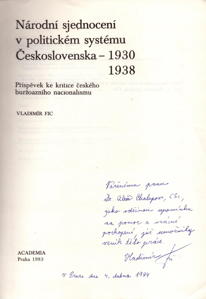 Fic, Vladimír - Národní sjednocení v politickém systému Československa - 1930-1938 (podpis)