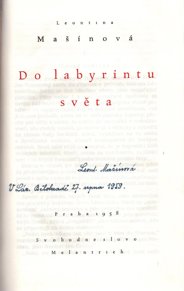 Mašínová, Leontina - Do labyrintu světa (podpis)
