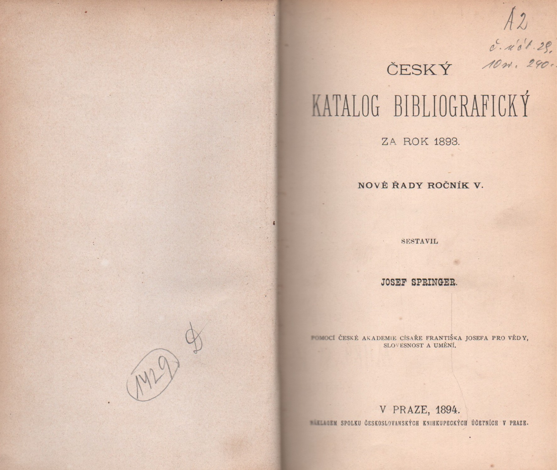 Springer, Josef - Český katalog bibliografický za rok 1893 (podpis)