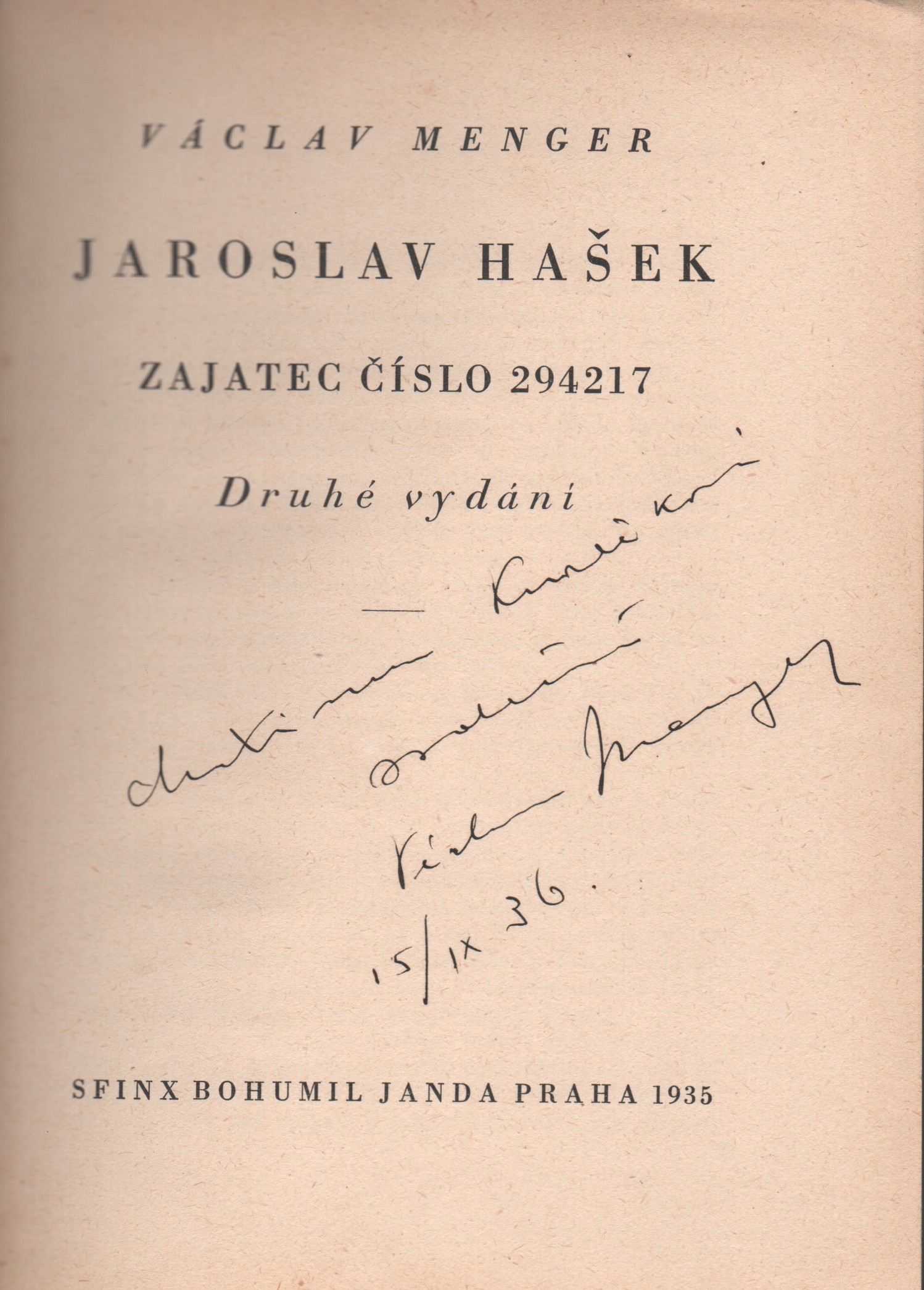Menger, Václav - Jaroslav Hašek, zajatec číslo 294217 (podpis)